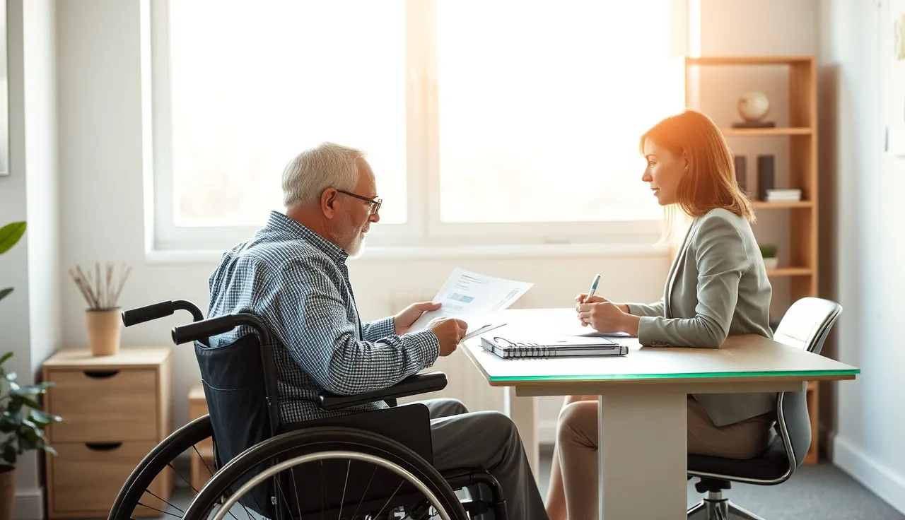 Man in wheelchair and disability advocate reviewing paperwork together in sunlit office