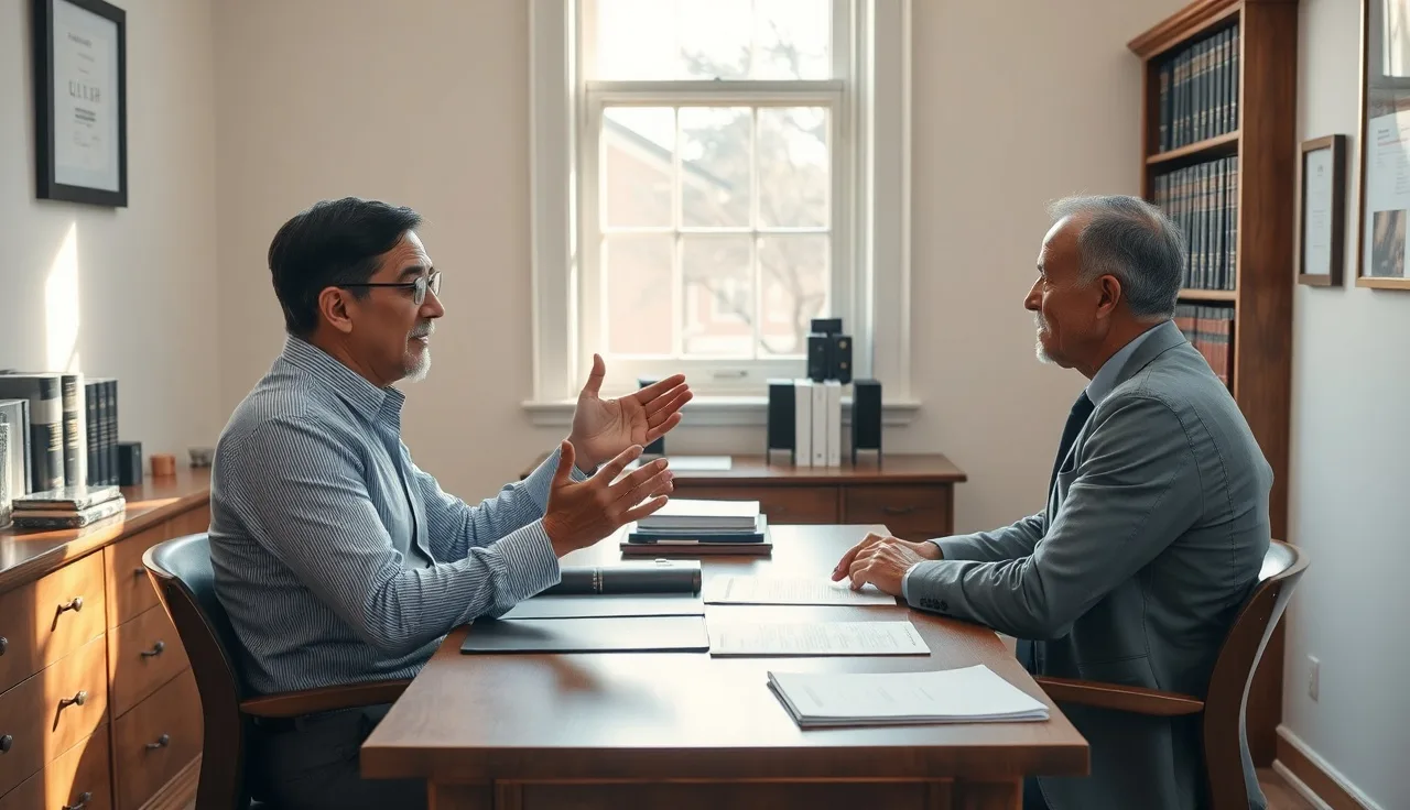 Two people in a quiet law office consultation about a disability claim