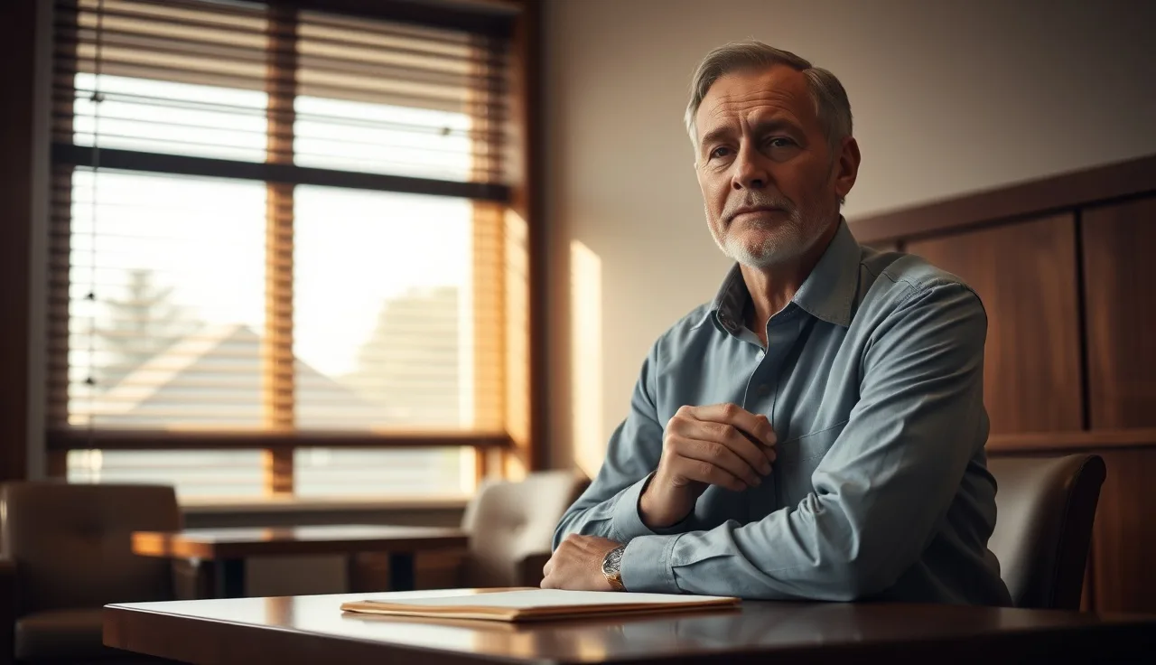Man waiting in law office with folder, disability hearing representation context