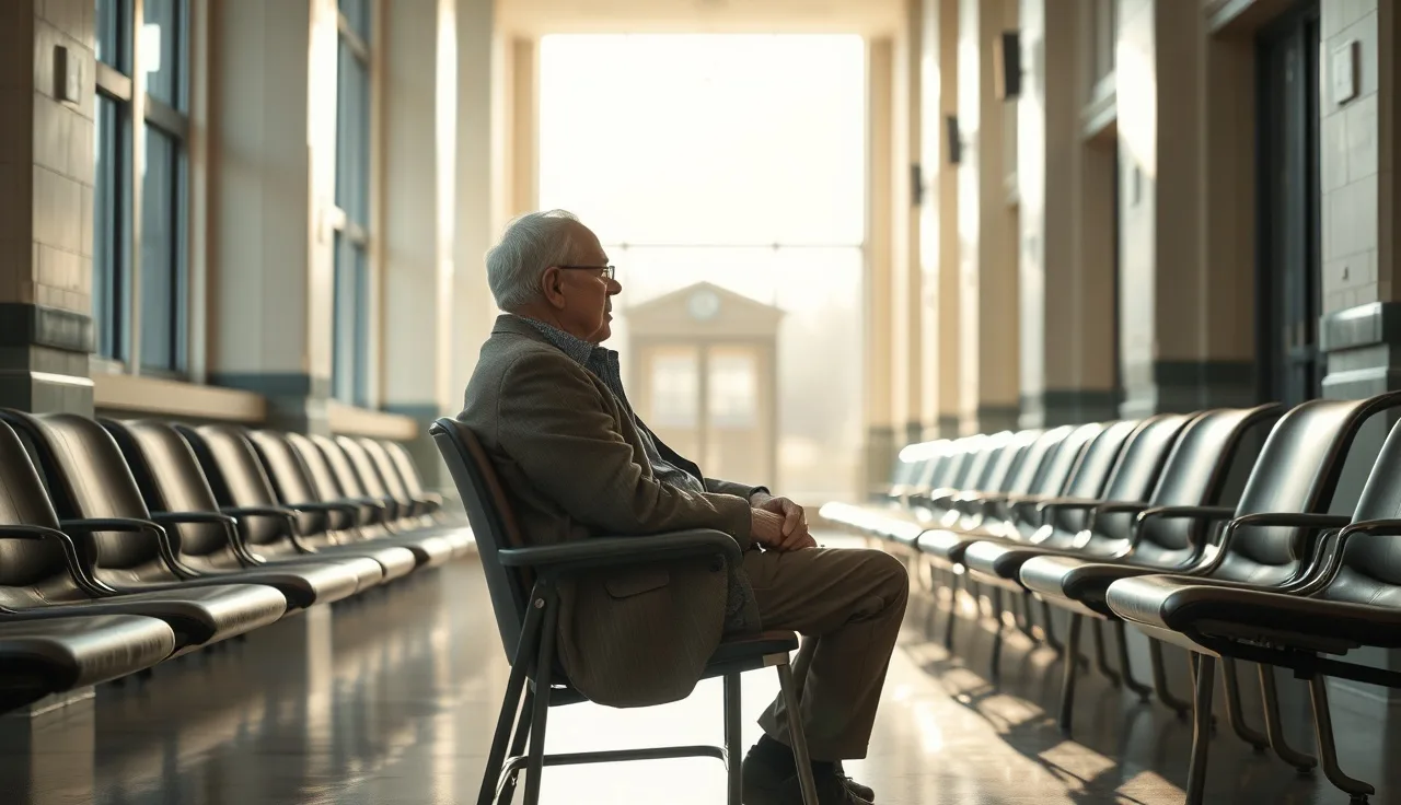 Man with cane waiting in a sunlit hallway before an SSI disability hearing