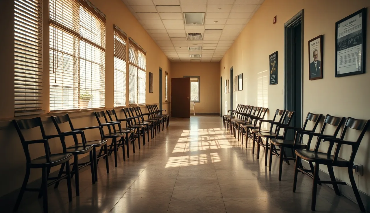 Empty waiting room hallway of a Social Security hearing office in Mississippi