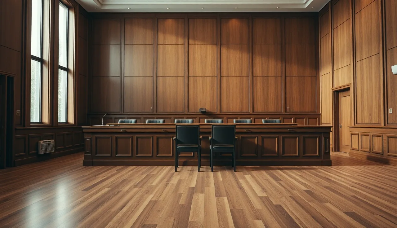 Empty federal ALJ hearing room with wooden bench and morning light, Social Security disability appeals setting