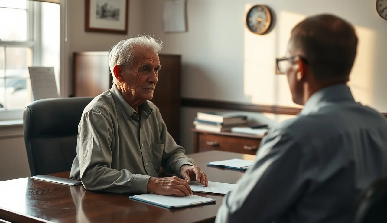 Veteran sitting across from an attorney at a law office desk