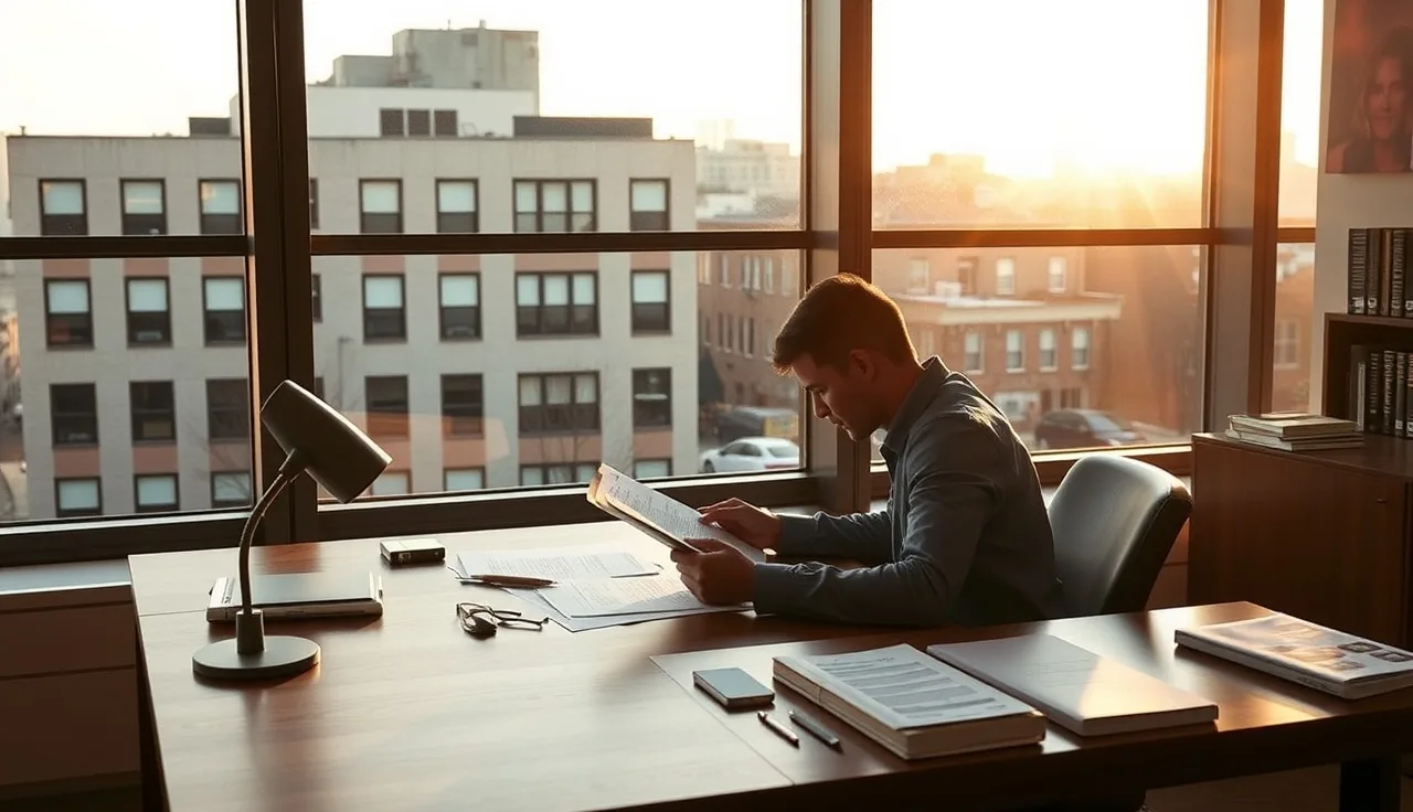 Person reviewing disability paperwork at a desk near a window with DC buildings visible outside