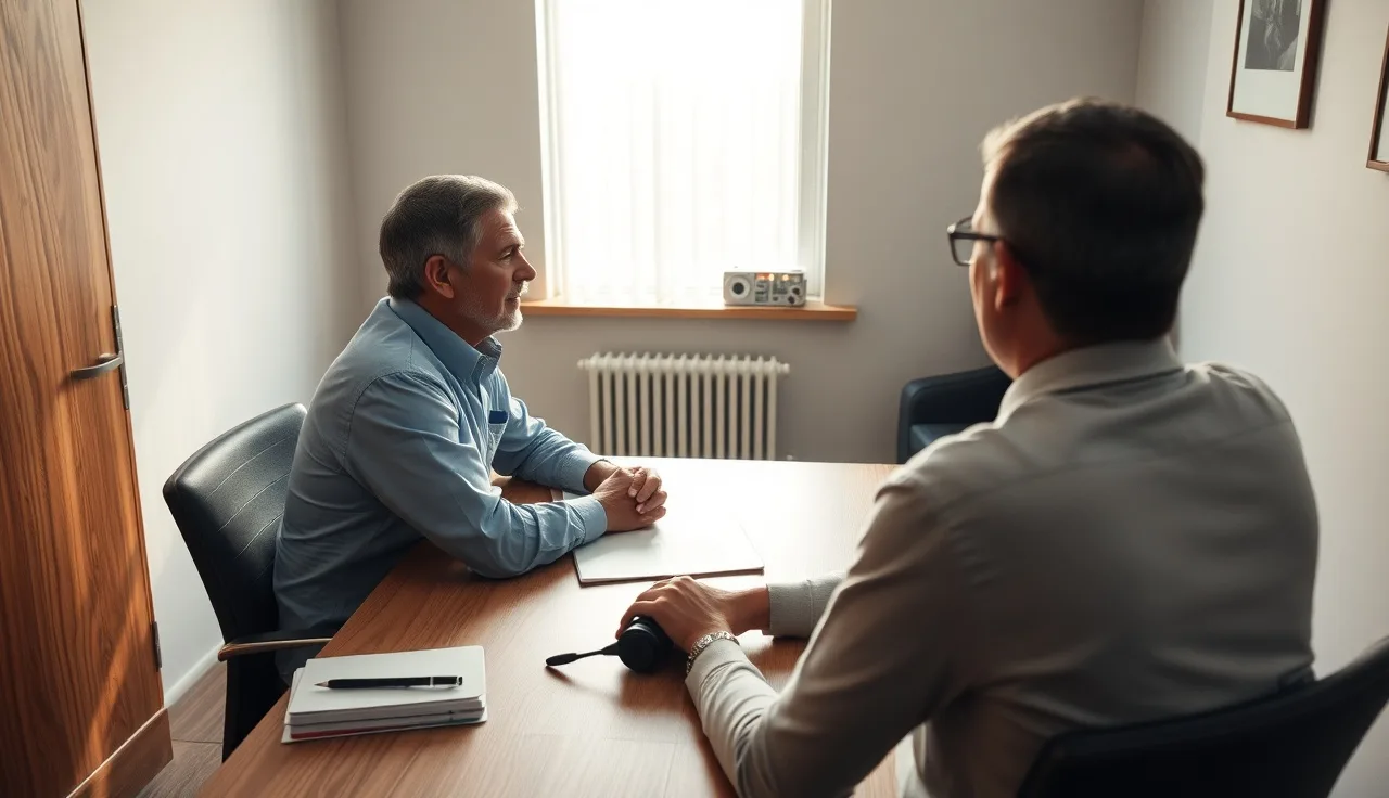 Person and attorney sitting at a conference table preparing for a disability hearing