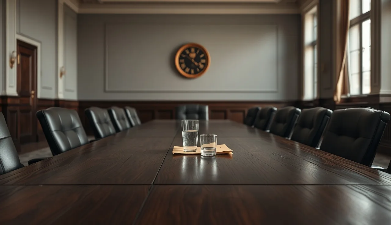 Empty ALJ hearing room in Pittsburgh with folder on conference table