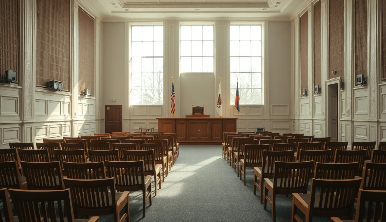 Empty ALJ hearing room with wooden chairs facing a raised judge's bench