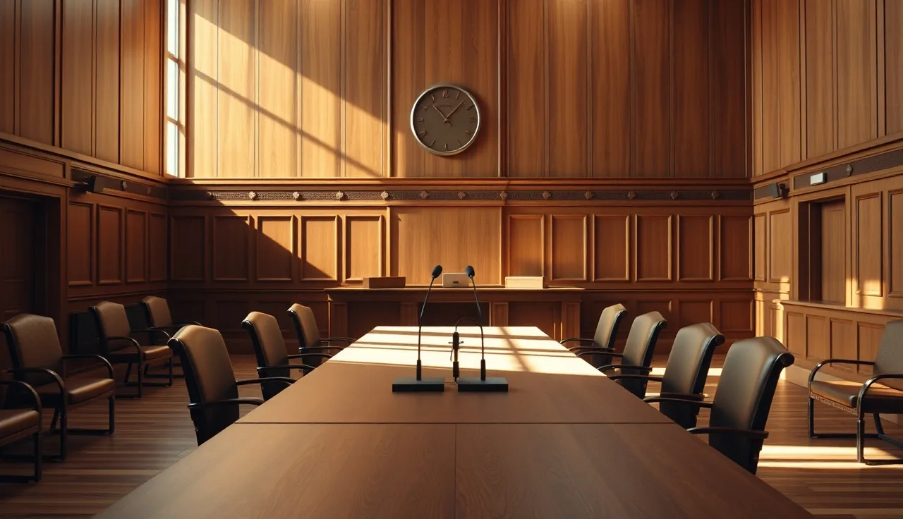 Empty Social Security disability hearing room with microphones and long table