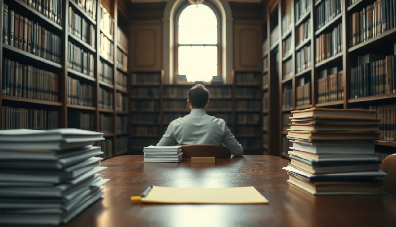 Person at library table reviewing stacked files for a Social Security disability federal appeal