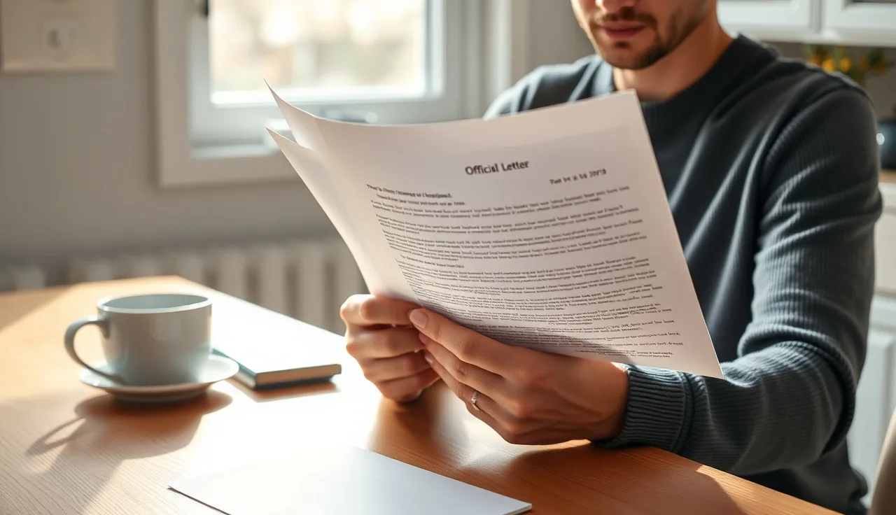 Person reading an official SSDI decision letter at a kitchen table in morning light