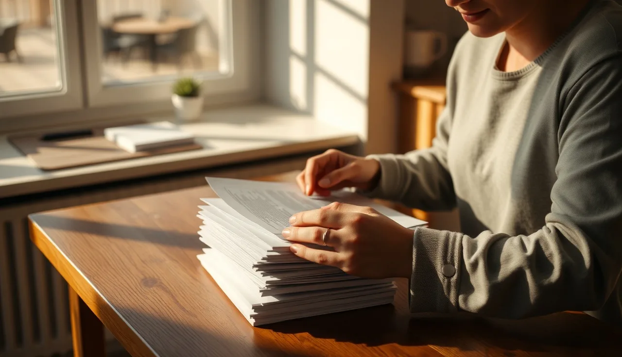 Person organizing disability hearing documents at a wooden table in morning light