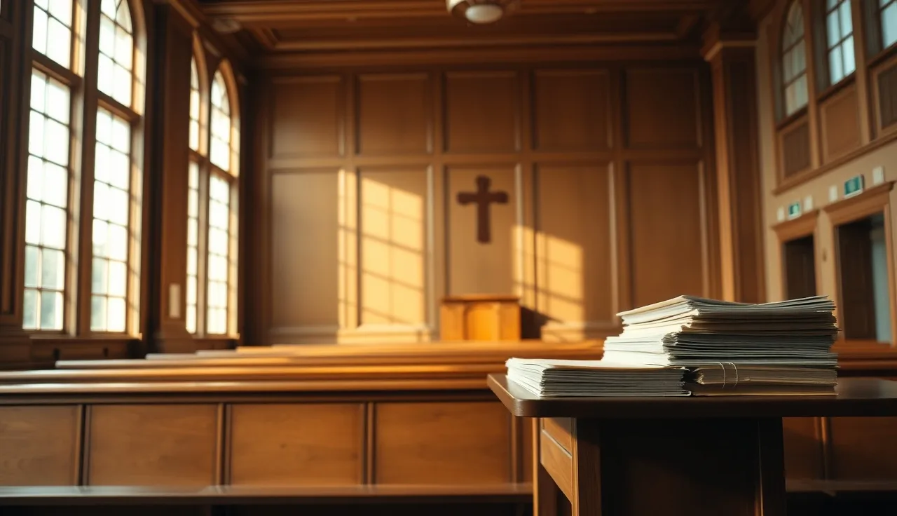 Empty federal courtroom with stacked case folders, representing SSDI remand appeals