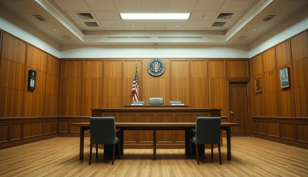 Empty Social Security administrative law judge hearing room with wooden bench and chairs