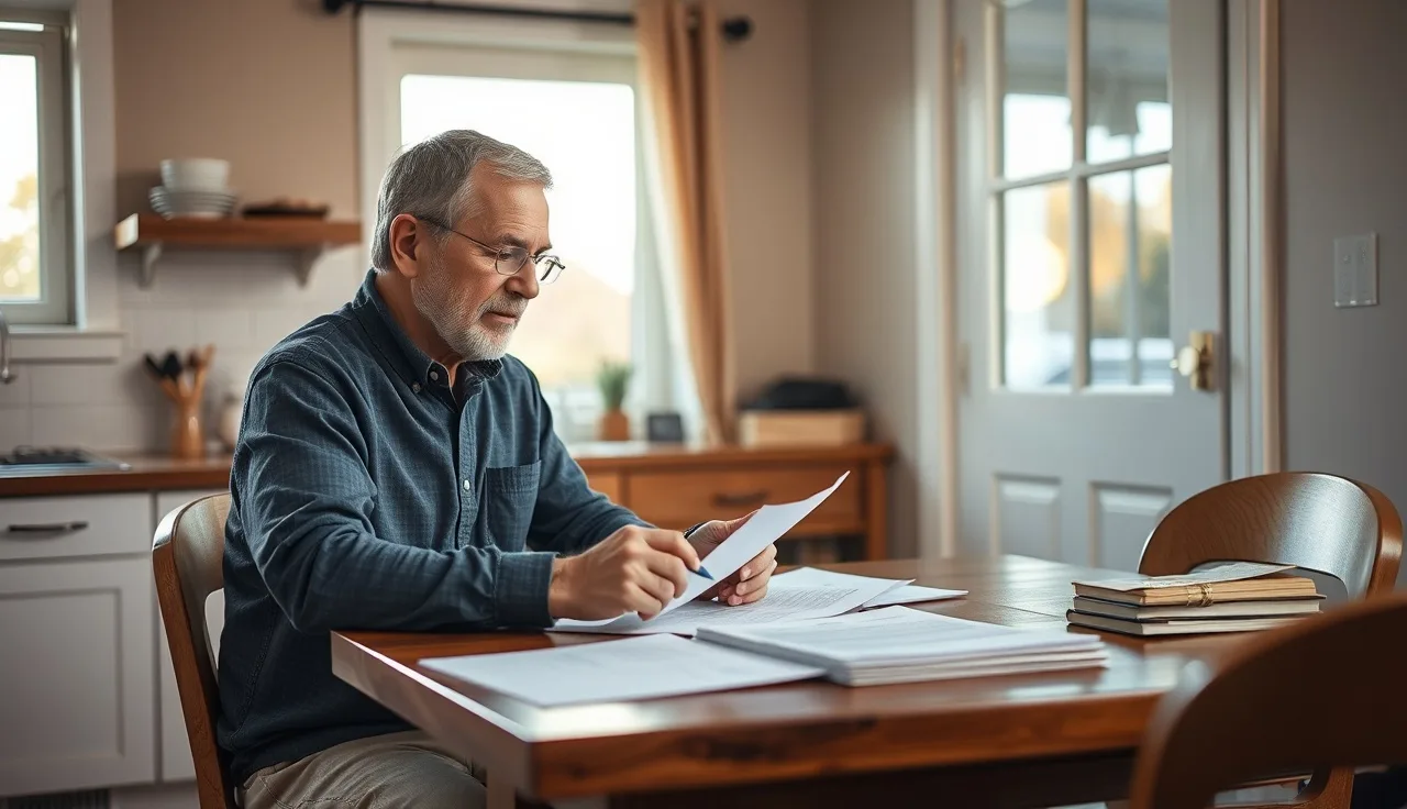 Man reviewing SSDI appeal documents at kitchen table in afternoon light