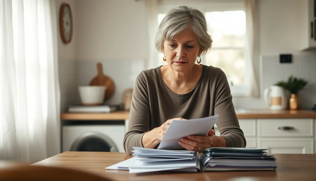 Woman reviewing disability appeal paperwork at a kitchen table in afternoon light