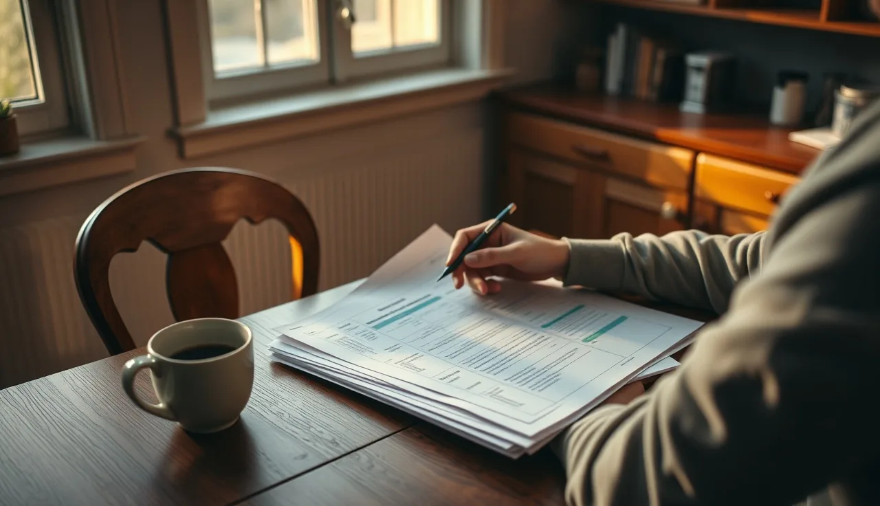 Person sorting medical records at a kitchen table while preparing a disability reconsideration appeal
