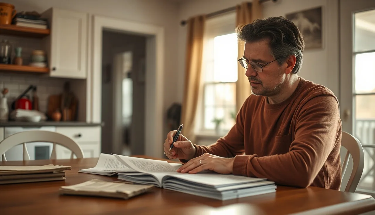 Person reviewing disability claim paperwork at a kitchen table in afternoon light
