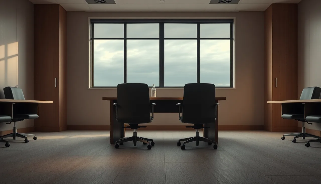 Empty ALJ hearing room with two chairs facing a raised desk