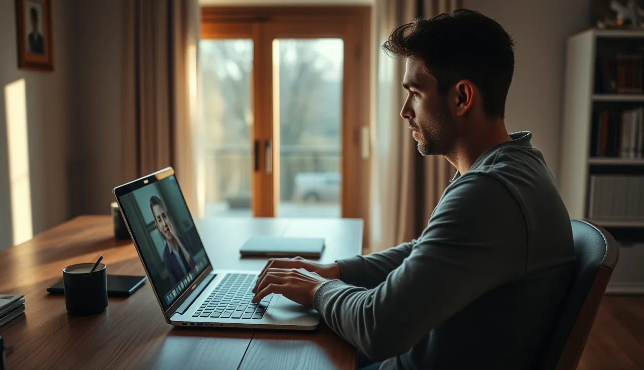 Person at home desk watching frozen video call screen before ALJ disability hearing