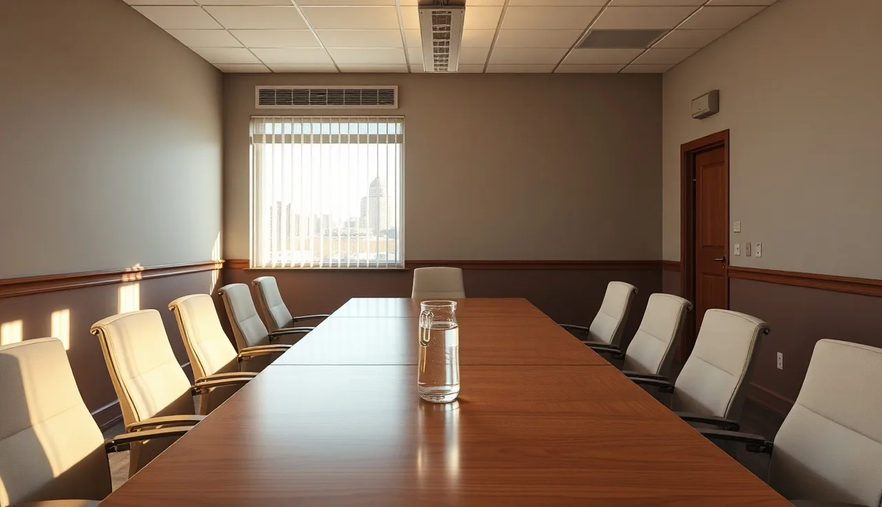 Empty Social Security disability hearing room with long conference table and chairs