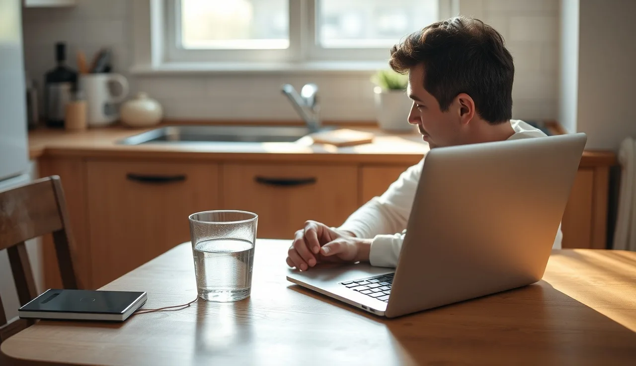 Person at kitchen table preparing for a video disability hearing on laptop