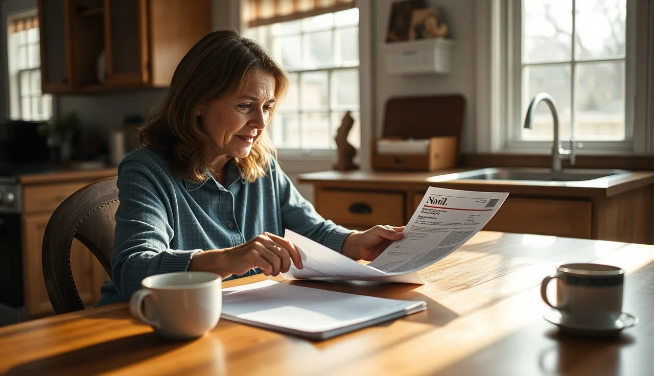 Woman reviewing Social Security disability denial letter at kitchen table
