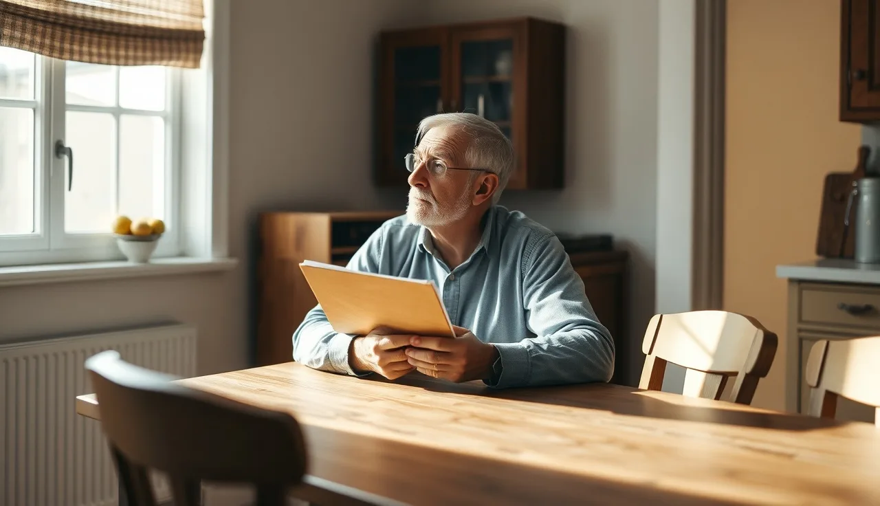 Man sitting at kitchen table with disability paperwork folder, looking out window