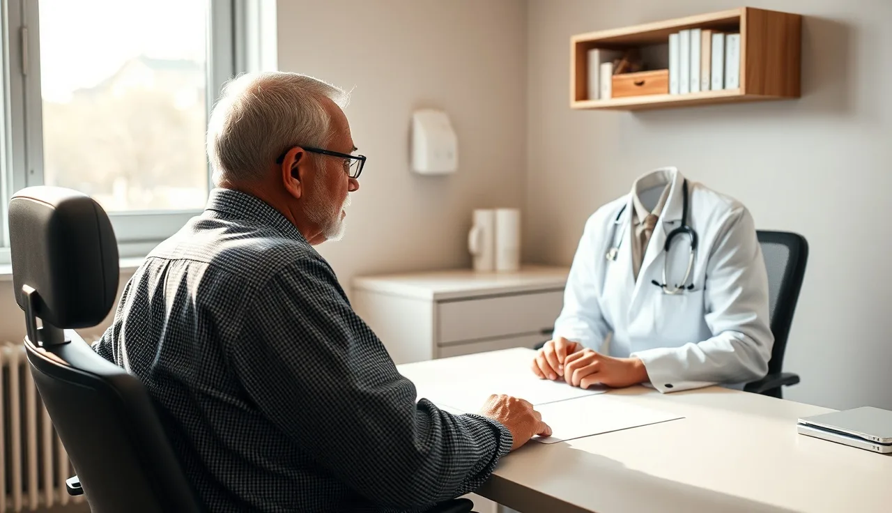 Patient and doctor reviewing medical paperwork at a clinic desk for disability RFC form