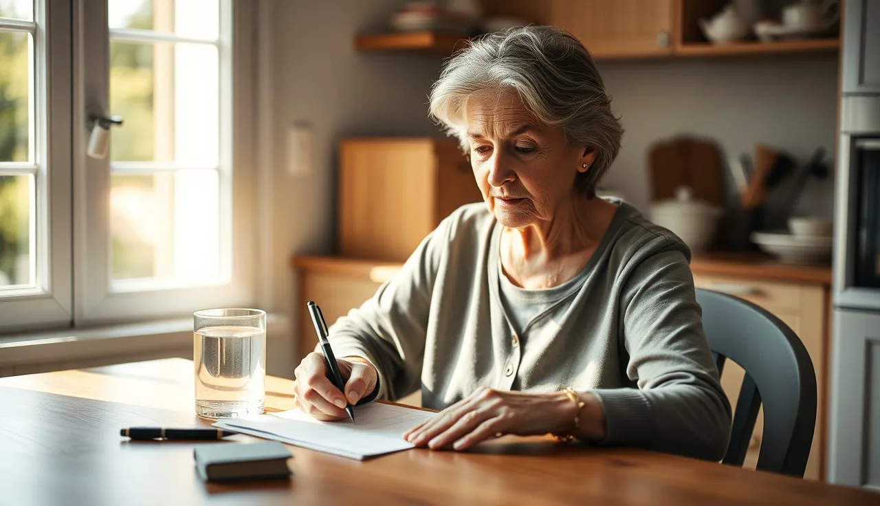 Woman writing a mental health RFC form at her kitchen table
