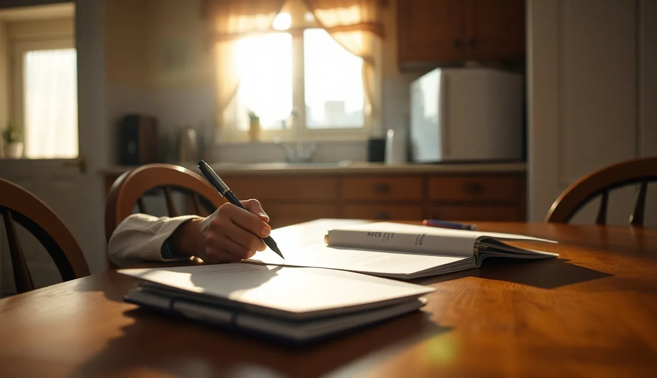 Person writing a formal letter at a kitchen table with medical folders, preparing a consultative examiner objection