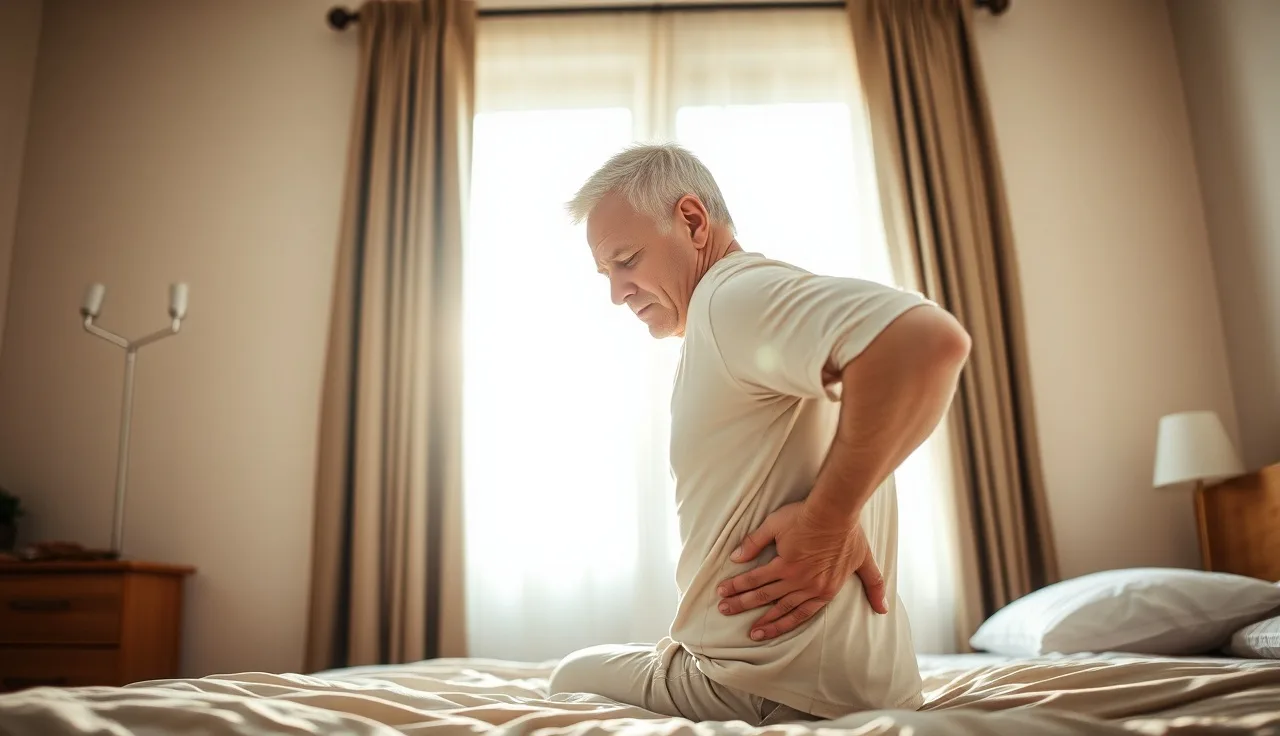Man gripping his lower back in pain while sitting on a bed, lumbar discomfort evident