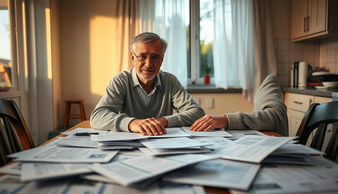 Person reviewing medical paperwork at a kitchen table related to disability RFC assessment