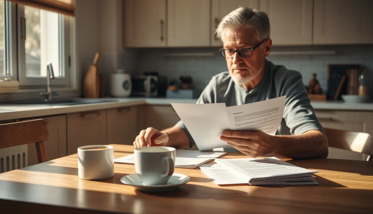 Person reviewing medical paperwork at a kitchen table while applying for disability