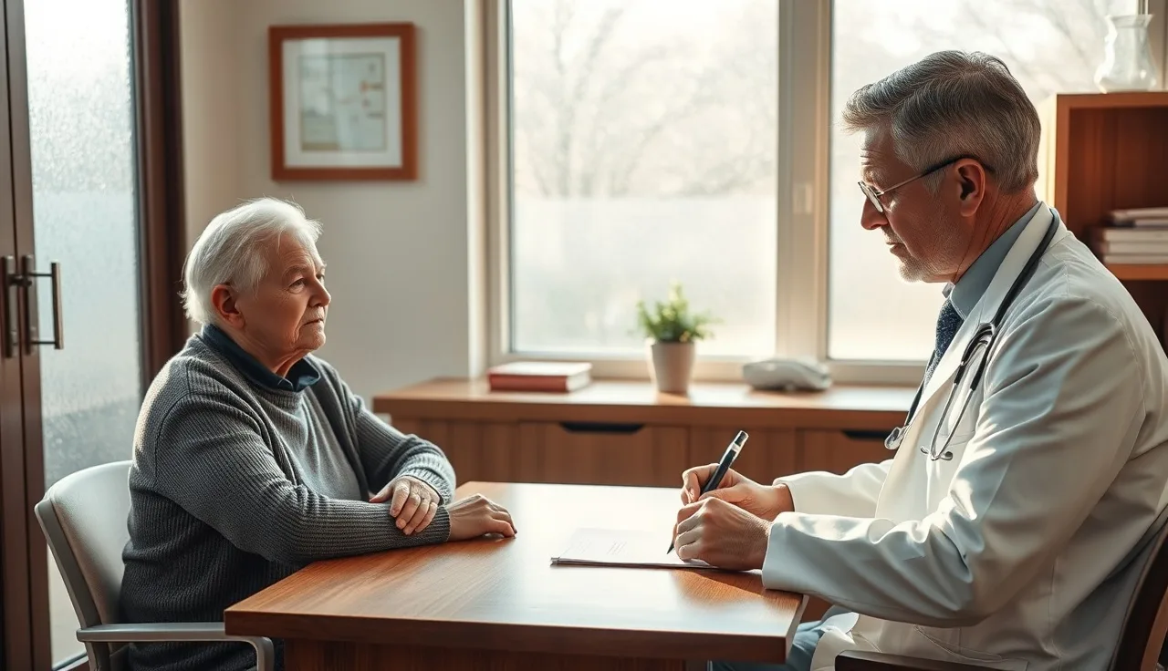 Patient and doctor in consultation room, doctor writing medical notes for disability paperwork