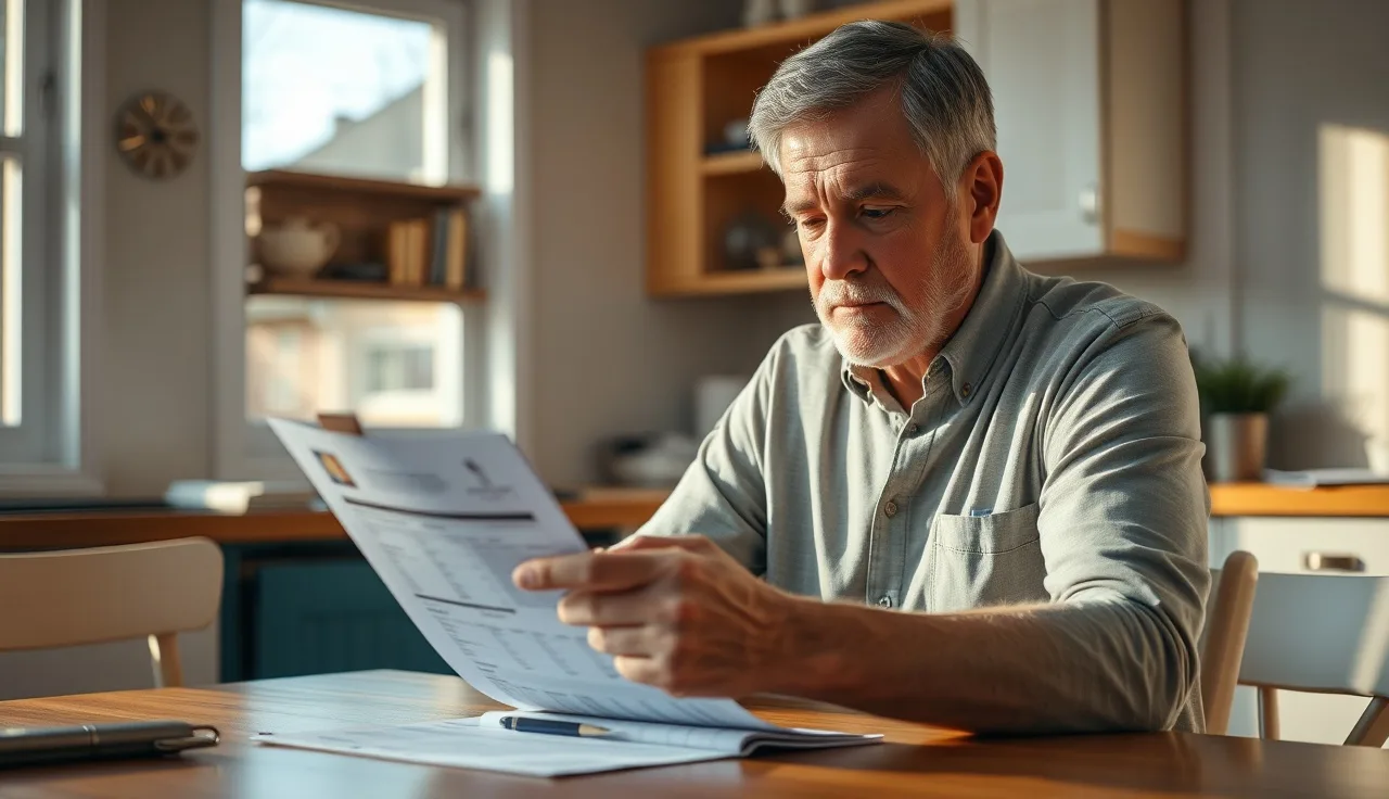 Person reviewing medical paperwork at kitchen table, preparing disability claim documents