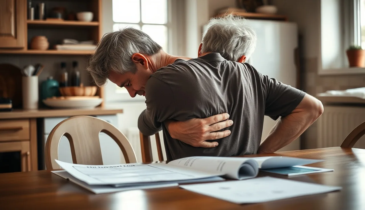 Person with lower back pain sitting at table with medical paperwork for disability claim
