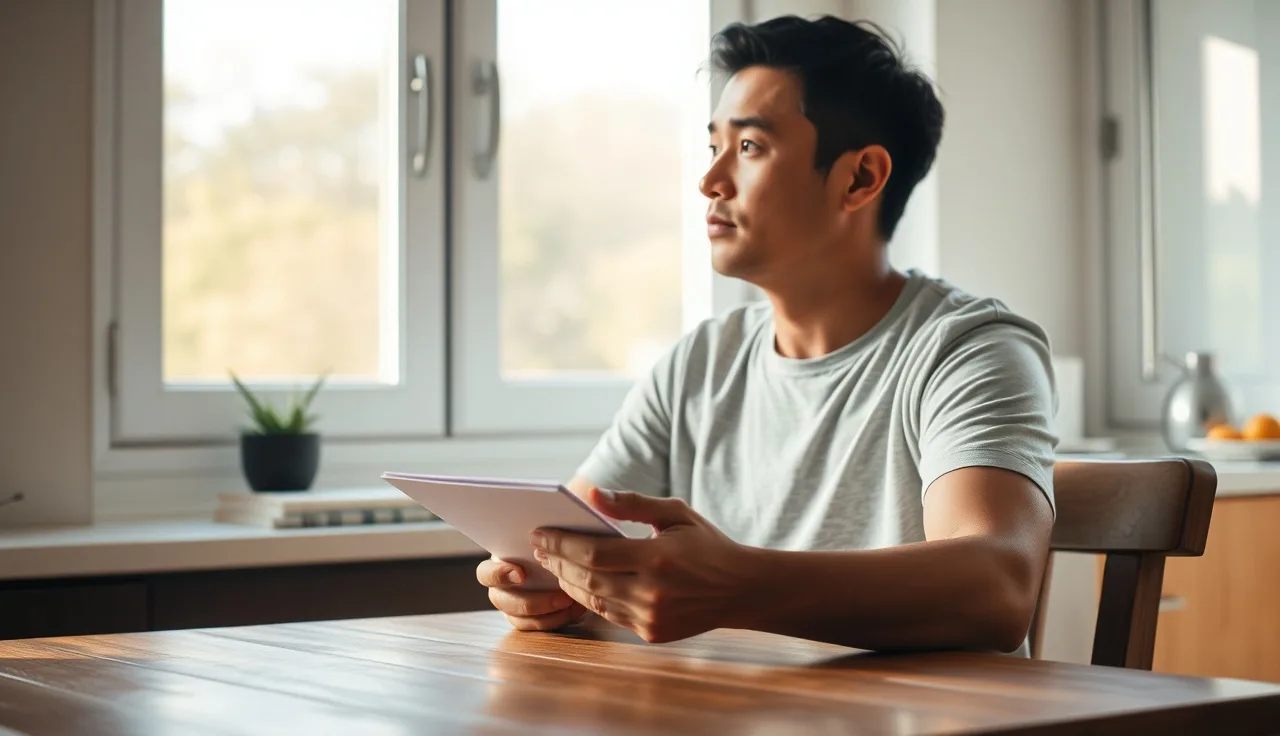 Person with fibromyalgia sitting at kitchen table reviewing disability paperwork