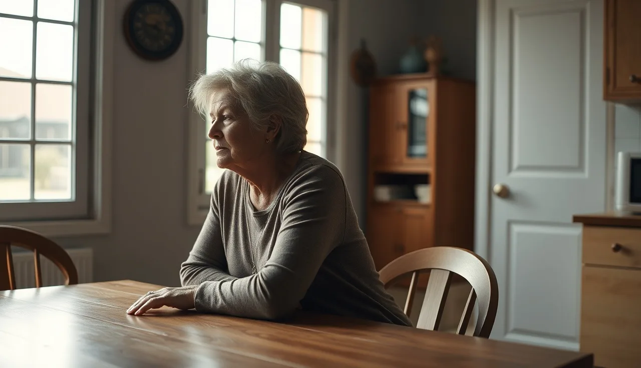 Woman with fibromyalgia resting at kitchen table in morning light
