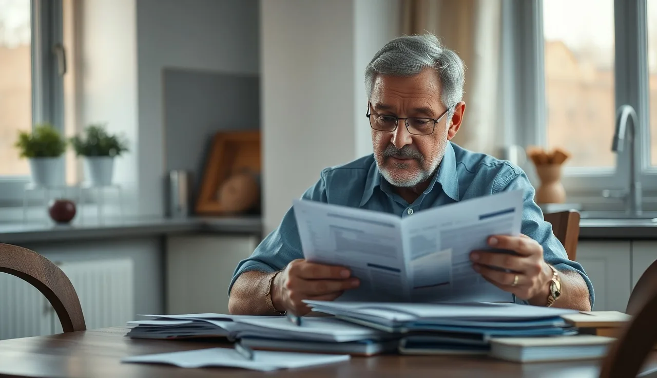 Man reviewing disability claim medical records at a kitchen table