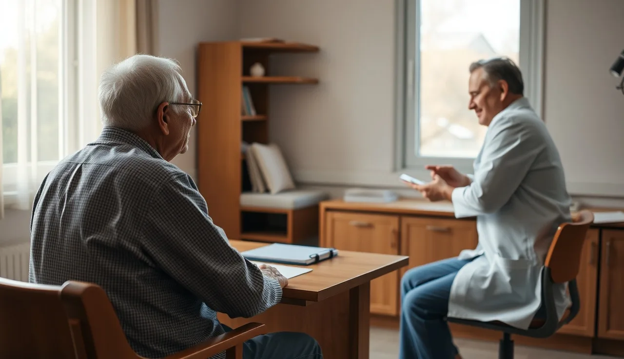 Elderly patient and physician in conversation at a clinic exam room