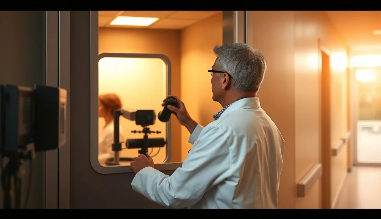 Audiologist adjusting equipment near soundproof booth during a hearing test