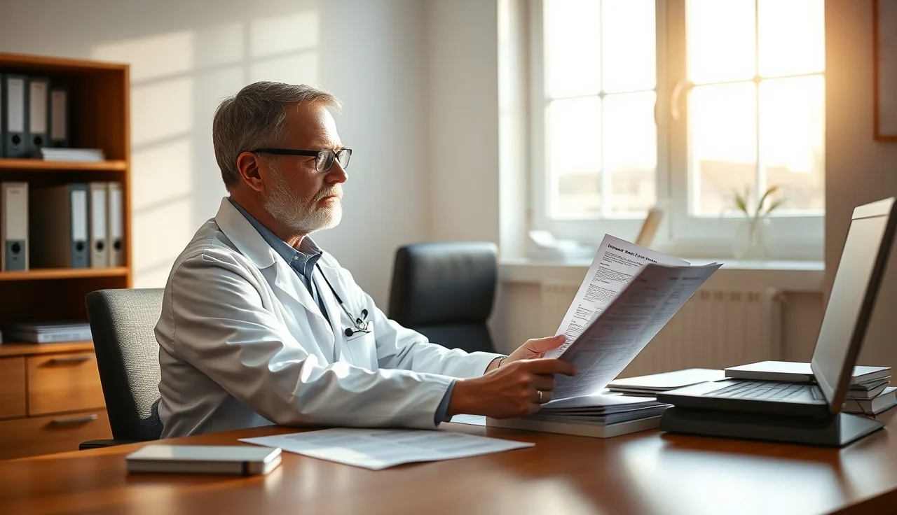 Doctor reviewing medical assessment forms at a desk for disability application