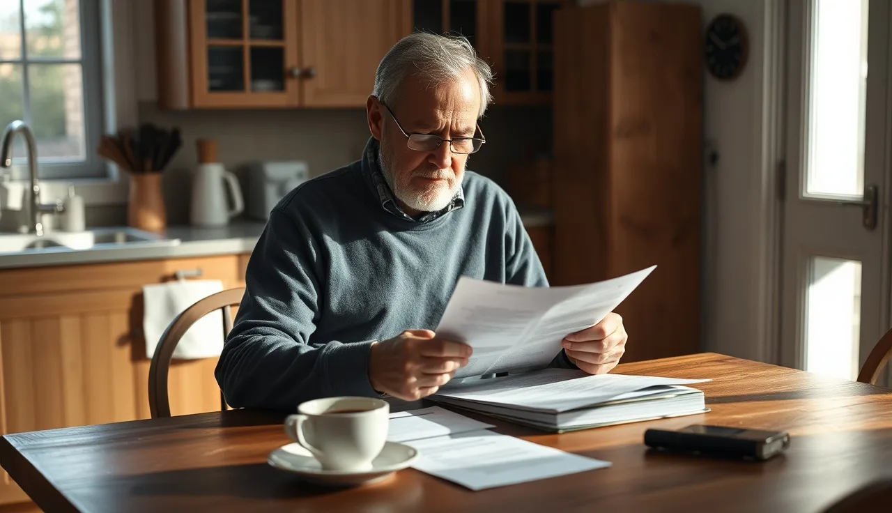 Person reviewing disability claim papers at a kitchen table in morning light