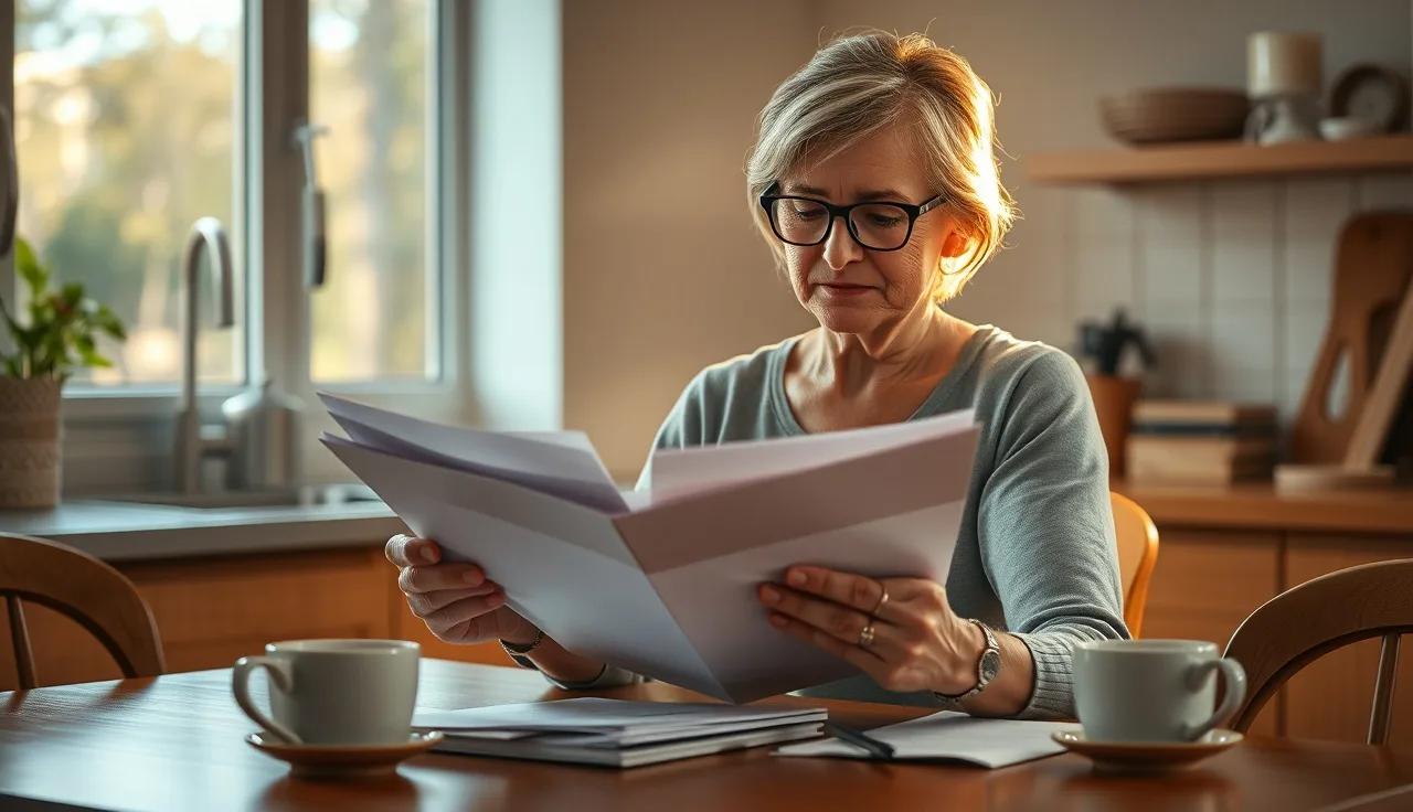 Woman at kitchen table organizing medical records documents for a disability application