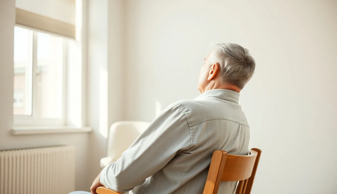 Man holding his lower back while seated in a clinical examination room chair