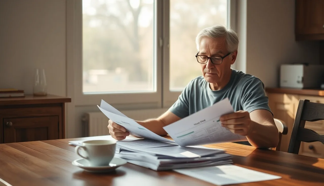 Person organizing medical records and folders at a kitchen table for an SSDI claim
