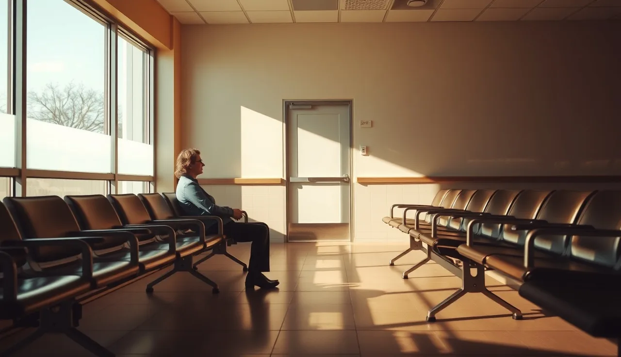 Person waiting in a sunlit government office for a disability hearing on mental illness