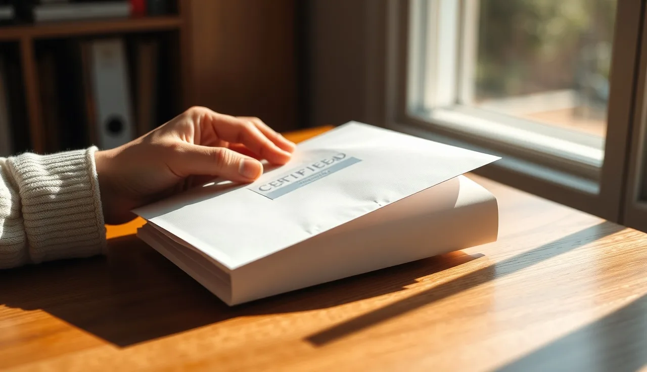 Hands addressing an envelope with certified mail stickers at a wooden desk