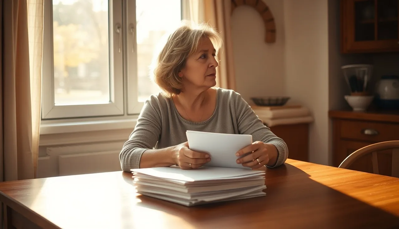Woman sitting at kitchen table with disability paperwork, looking out window