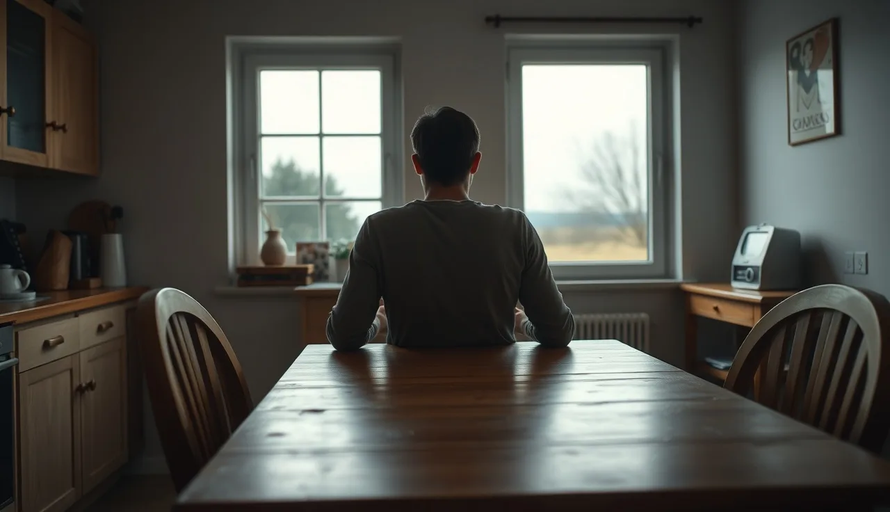 Person sitting at kitchen table looking out window during a disability claim review